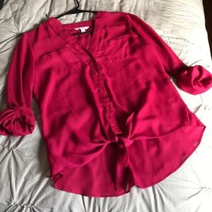 Cranberry Blouse with lace back panel & tie front